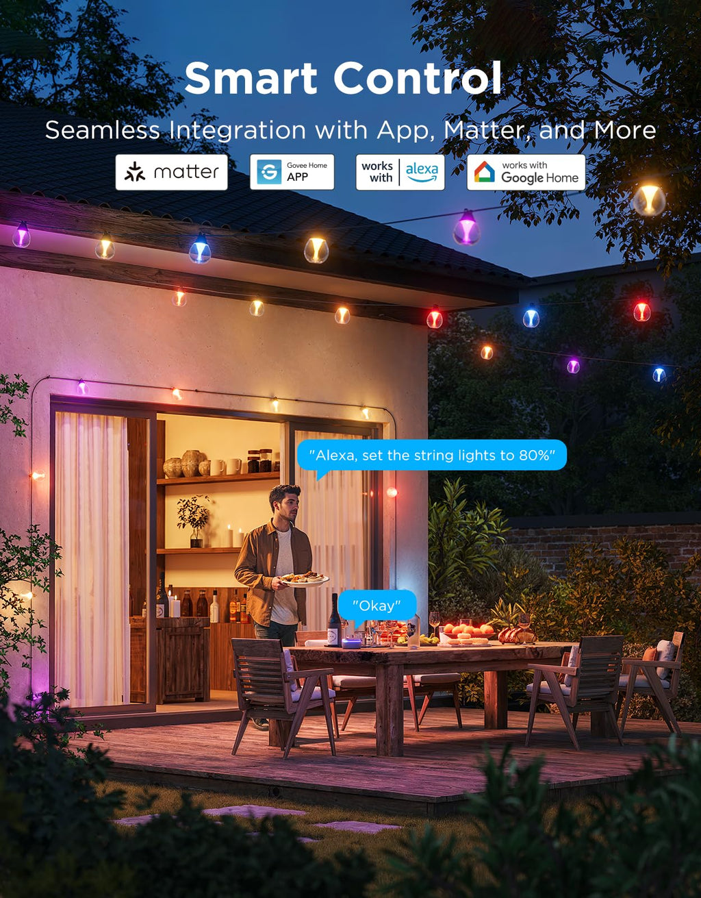 Govee Clear Bulb Outdoor String Lights, 48ft RGBWIC Dimmable Patio & Backyard Lights with 15 LED Bulbs, 111 Modes, IP67 Waterproof & Shatterproof, Works with Alexa, Google & Matter
