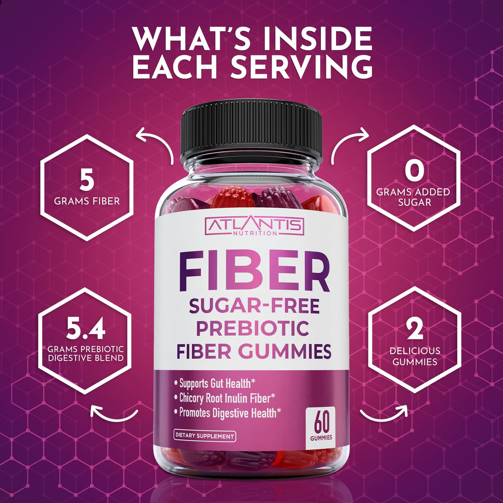 Atlantis Nutrition Sugar Free Fiber Gummies for Adults - 5G Fiber Supplement Formulated with 5.4G Prebiotic Digestive Blend - Supports Gut Health & Promotes Healthy Digestion - 2-Pack 120 Gummies