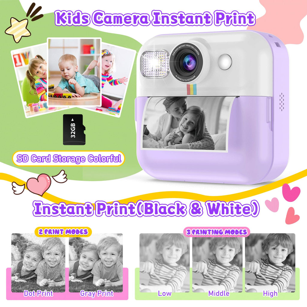 Kids Instant Print Camera, Christmas Birthday Gifts for Girls Boys Purple