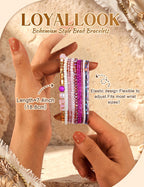 LOYALLOOK 6 Sets Bohemian Stackable Bead Bracelets for Women Stretch Bohemian Style Stretch Multilayered Boho Bracelet Set