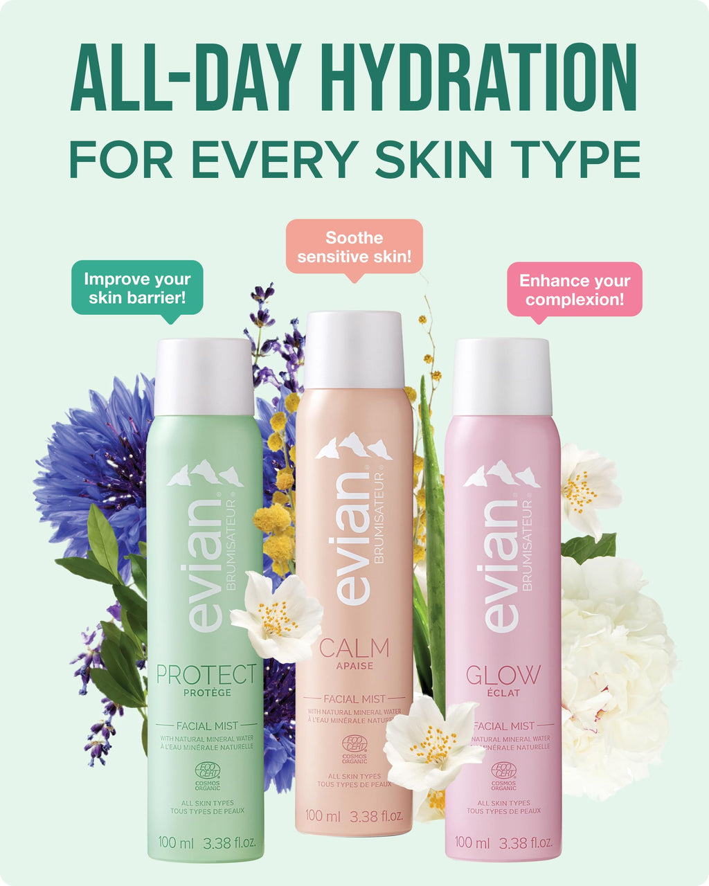 Evian Glow Facial Mist | Hydrating Mineral Water Face Spray with Aloe & White Tea | Dewy Setting Mist & Toner for Glowing Skin | Facial Spray to Refresh, Balance, & Enhance Makeup
