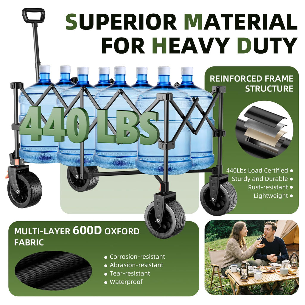 EAYNON 38" L Collapsible Foldable Extended Wagon,440lbs Weight Capacity with 220L Heavy Duty Folding Cart, Utility Wagon with Side Storage Pockets& Drink Holders,Black
