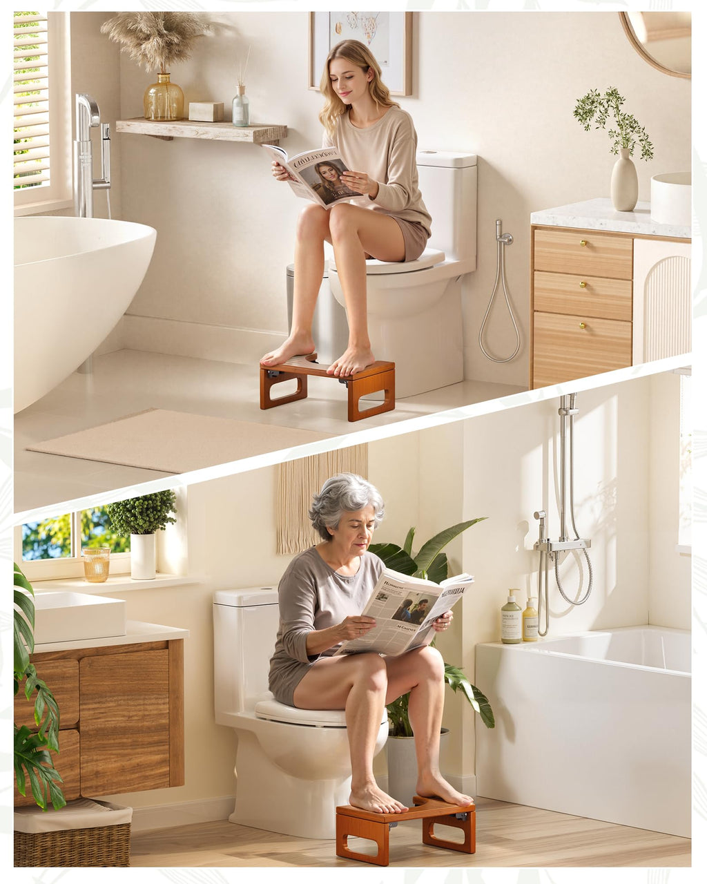 AmazerBath 7 Inches Bamboo Toilet Stool Squat for Adults, Foldable Squatting Potty Stool for Bathroom, Toilet Foot Pooping Steps Stools with Non-Slip Strip, Improve Bathroom Posture and Comfort, Brown