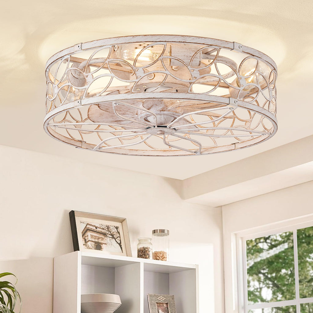 LEDIARY Caged Ceiling Fan with Light, Flush Mount Fandalier with Remote