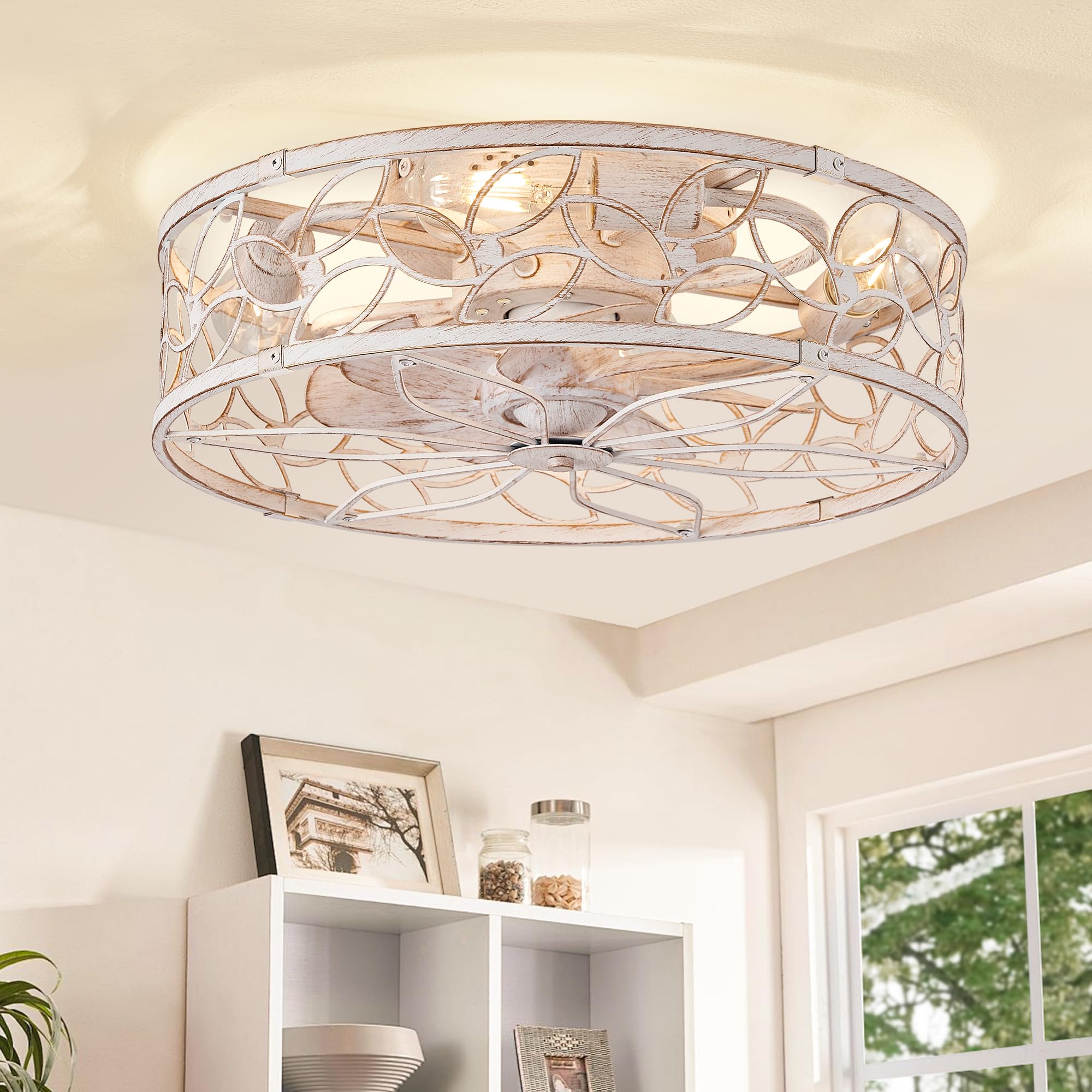 LEDIARY Caged Ceiling Fan with Light, Flush Mount Fandalier with Remote