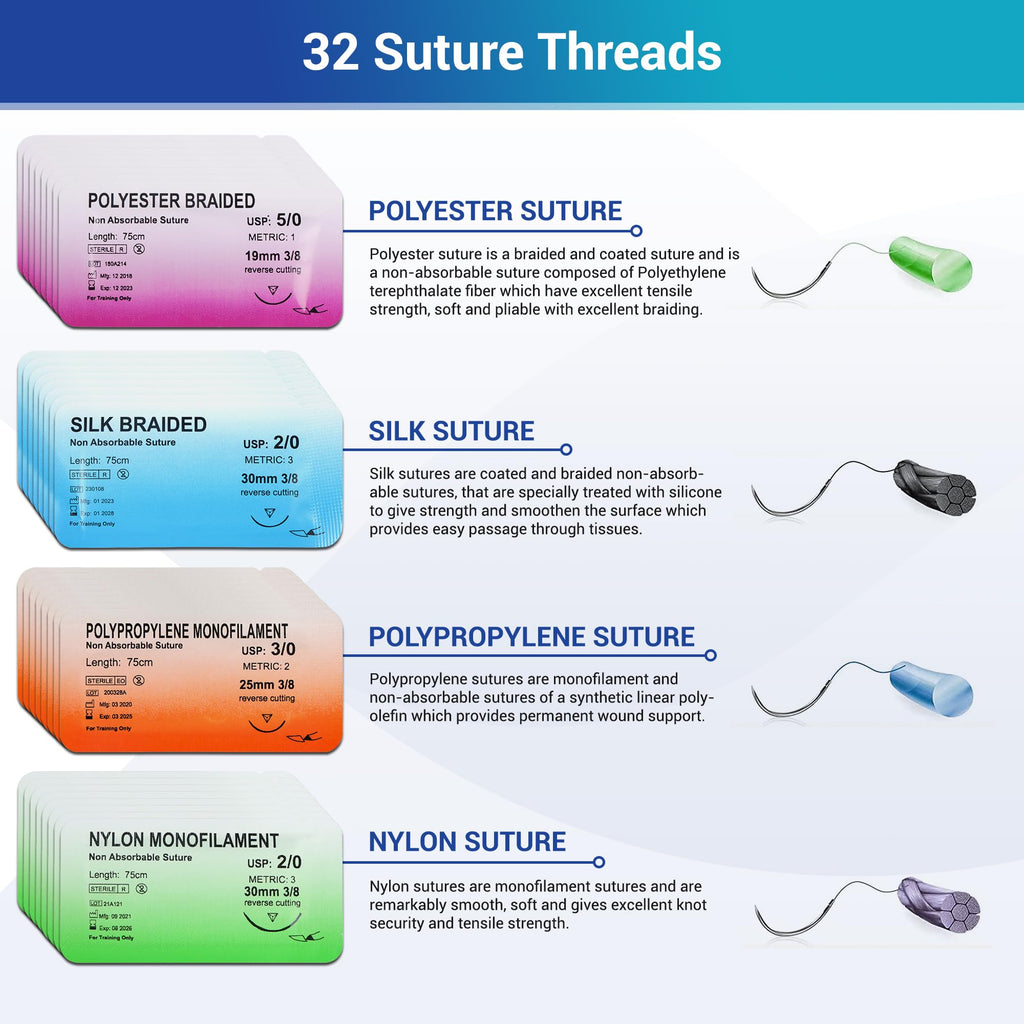 Alcedo Suture Thread with Needle 32 PK (2/0, 3/0, 4/0, 5/0), Non-Absorbable (Nylon, Silk, Polyester, Polypropylene) for Nursing and Students, First Aid Practice Kit Accessories, Education Only