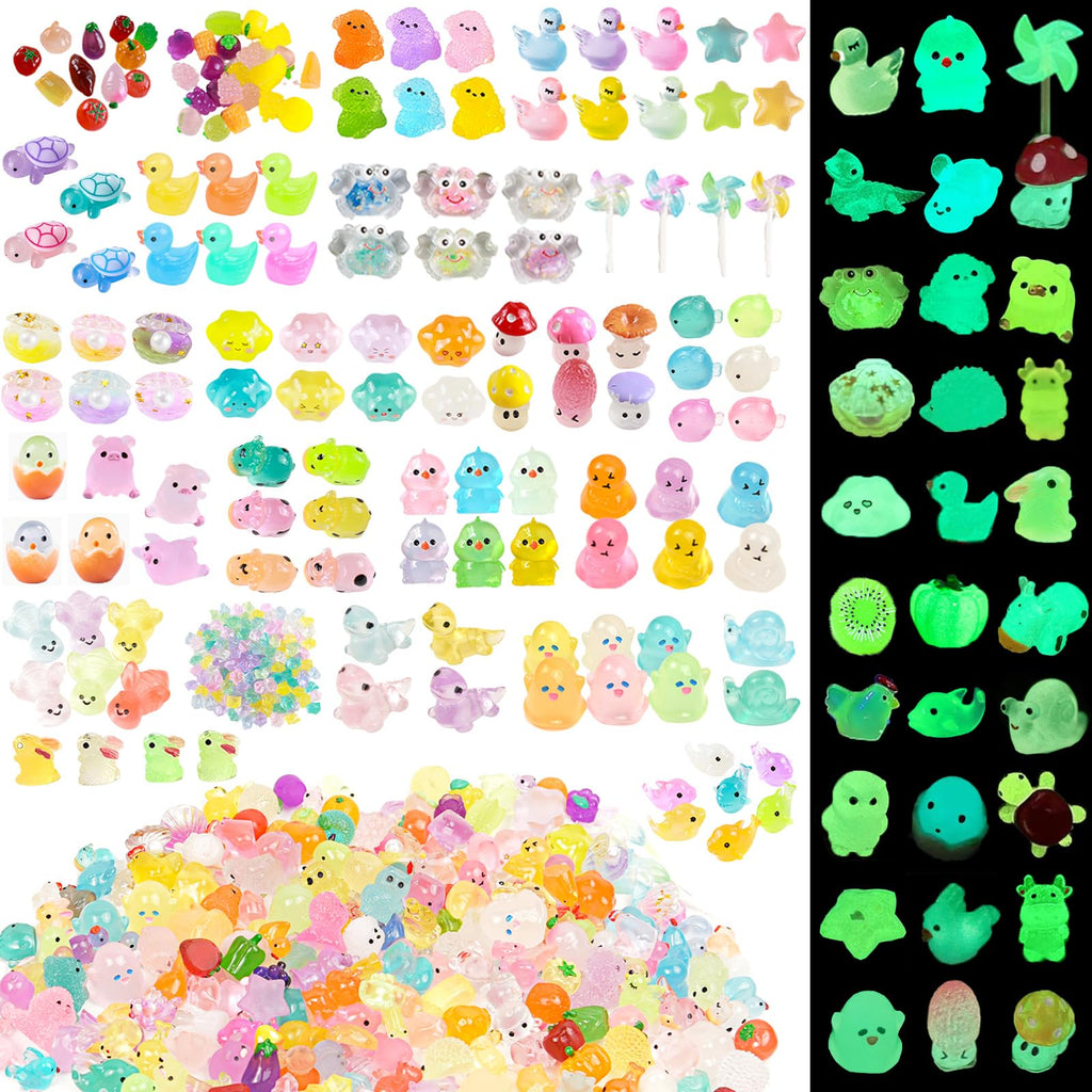 LJMBOEN 400pcs Luminous Mini Resin Animal in The Dark Tiny Miniature Figures Ornament Duck Frog Mushroom Owl Dog Rabbit Crab Dolphin Shell Fairy Garden Accessories Aquarium Landscape Bonsai Decor