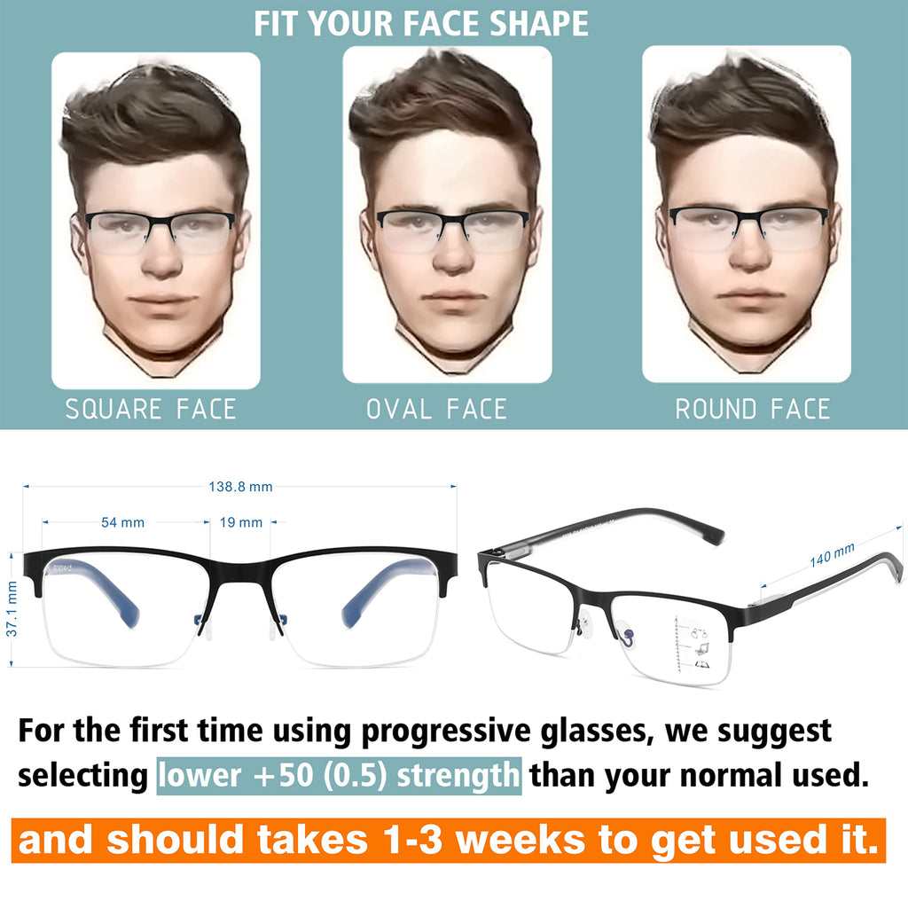 Multifocus Reading Glasses Men Progressive Multifocal Blue Light Computer Reader Half Frame Metal Extra Wide Eyeglasses No Line Bifocals Large Designer Cheaters Transition Square Eyewear 2packs 1.75