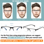 Multifocus Reading Glasses Men Progressive Multifocal Blue Light Computer Reader Half Frame Metal Extra Wide Eyeglasses No Line Bifocals Large Designer Cheaters Transition Square Eyewear 2packs 1.75