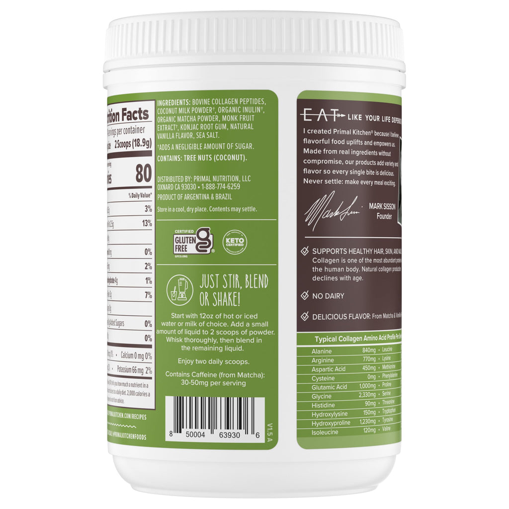 Primal Kitchen Matcha Collagen Keto Latte Powder, Sugar-Free Collagen Peptides, 9.33 Ounces
