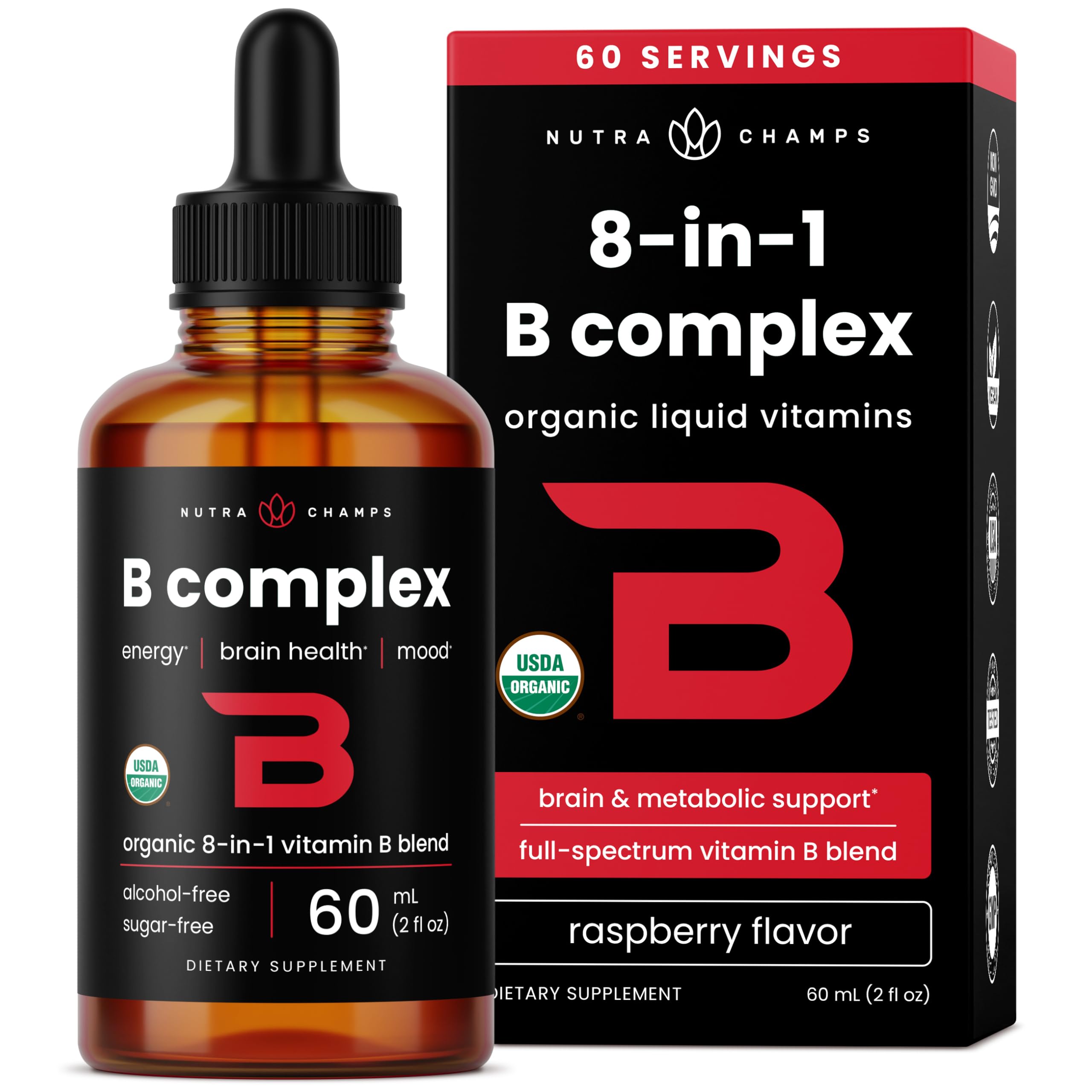 USDA Organic Vitamin B Complex Liquid Drops Sublingual B12 Methycobalamin | B1, B2, B3, B5, B6, B7, B9 | Methylated B Vitamins Complex for Women & Men | Biotin, Niacinamide, Folate & Folic Acid, 2oz