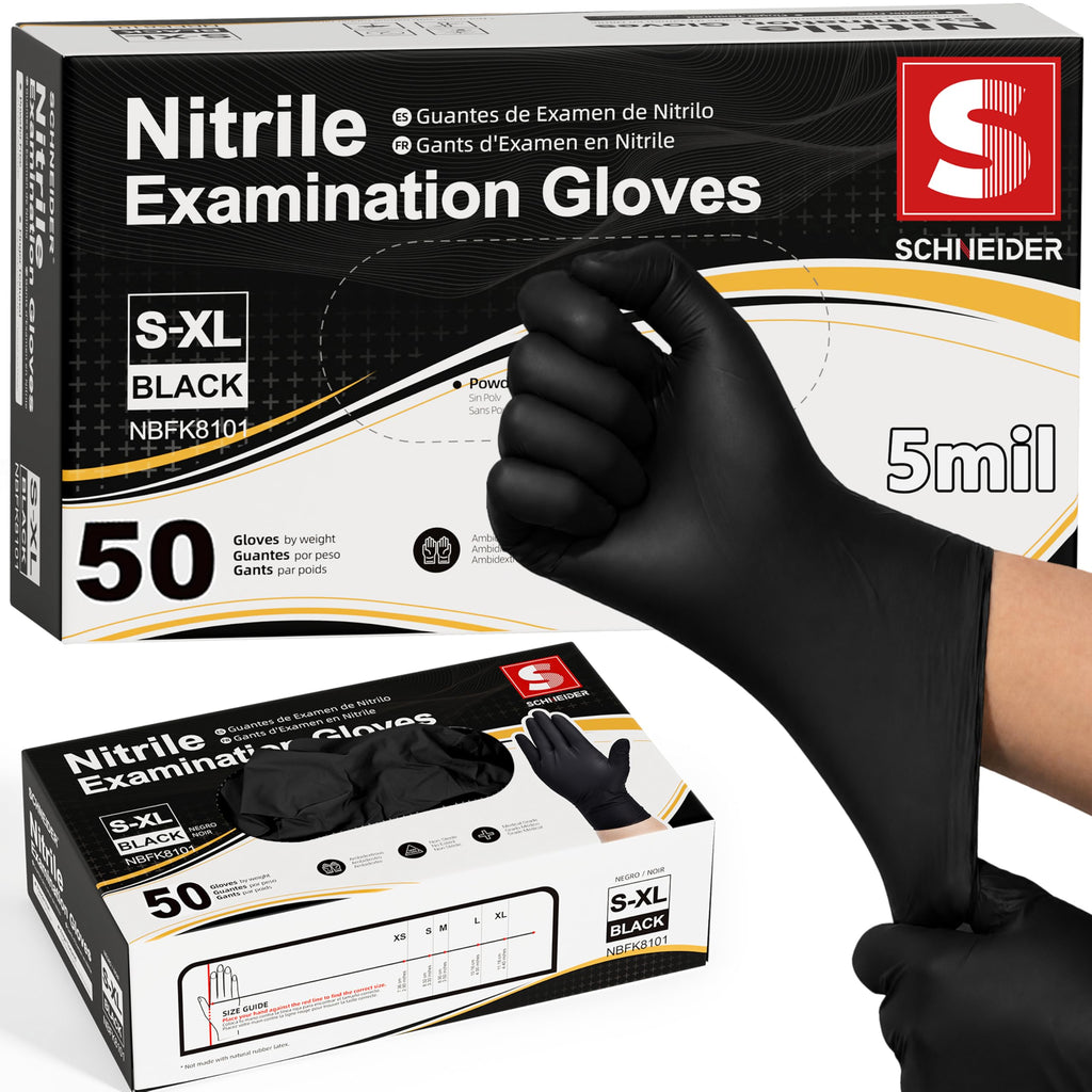 Schneider Medical Black Nitrile Exam Gloves, S, 5 Mil Disposable Gloves, Box of 50, Latex Free & Powder Free, for Medical, Cleaning, Food Prep