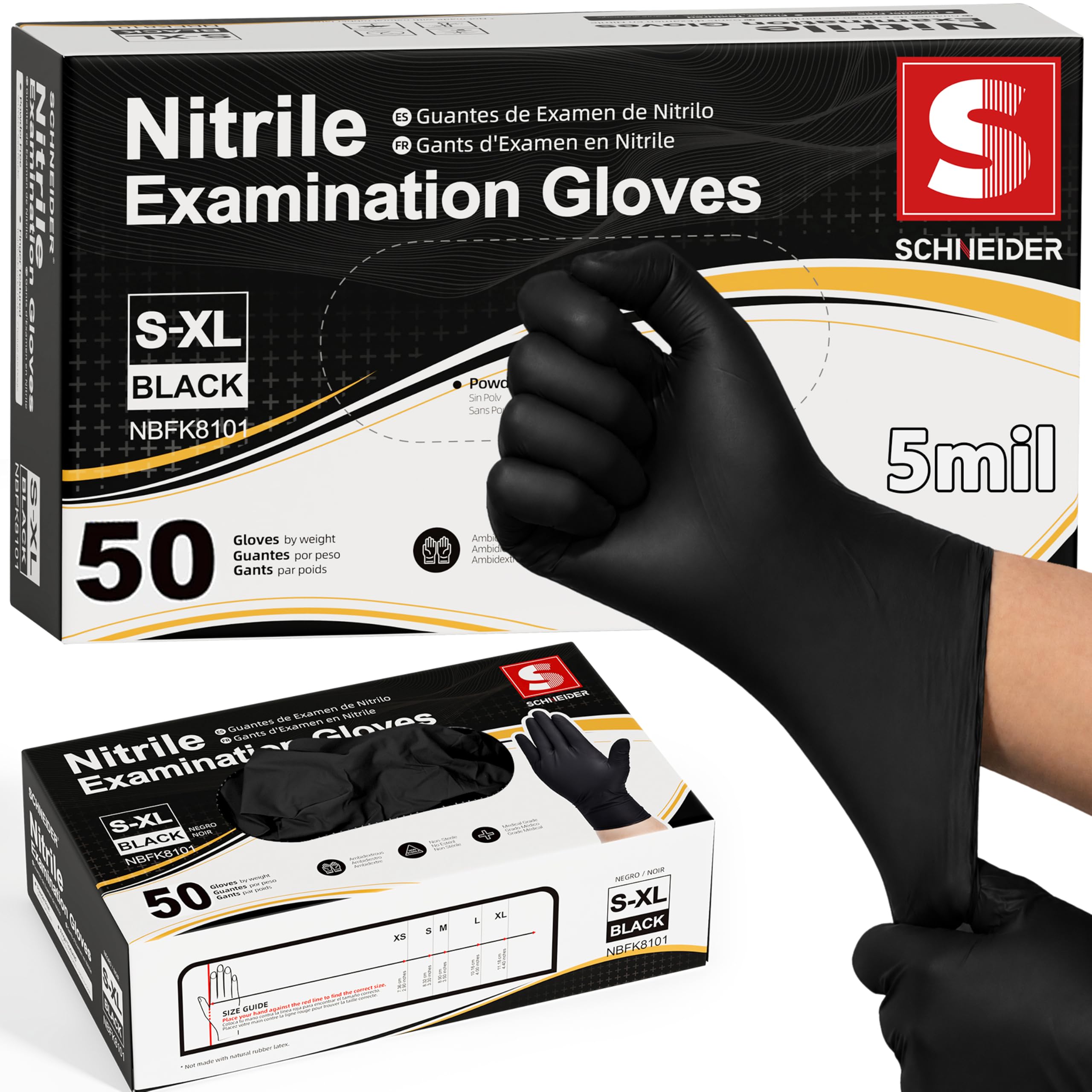 Schneider Medical Black Nitrile Exam Gloves, S, 5 Mil Disposable Gloves, Box of 50, Latex Free & Powder Free, for Medical, Cleaning, Food Prep