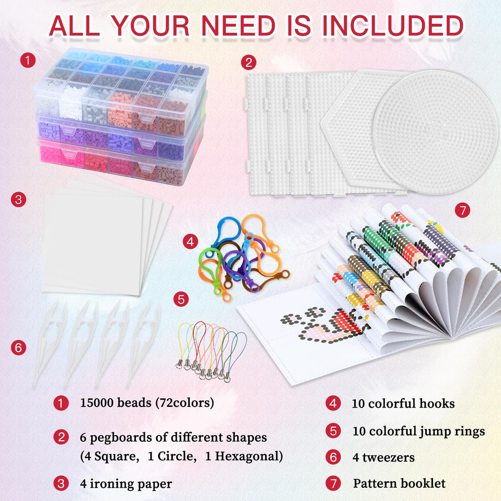 Quefe 72 Colors 15000 Pcs 5mm Fuse Beads Kit Melting Beads for Craft