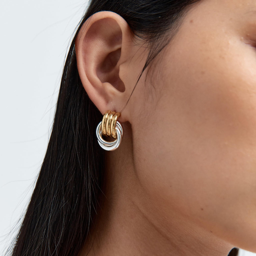 Baby Knot Mixed Metal Statement Earrings – 18K Gold & Silver Plated Earrings – Modern Twisted Knot Design – Bold Everyday Jewelry by Heaven Mayhem