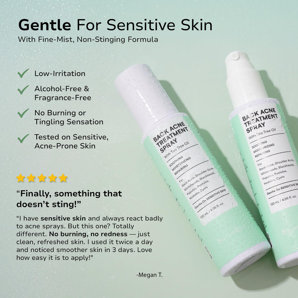 BellamiLuxx Back and Body Acne Treatment Spray: 2% Salicylic Acid & Tea Tree Oil Bacne Spray for Clear, Soothe & Moisturize - Effective for Men, Women, Teens with Back, Shoulder, Arm, and Chest Acne