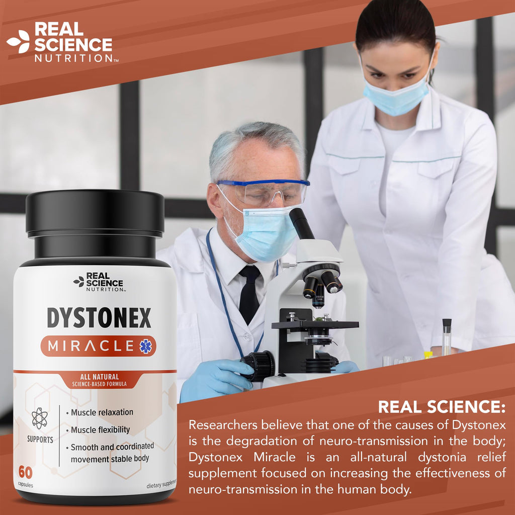 Real Science Dystonex - Dystonia Support Supplement for Tremors, Muscle Contractions & Spasms – Muscle Relaxer Pills with Vinitrox & GABA for Nerve Support & Blood Circulation – Made in USA, 60 Caps