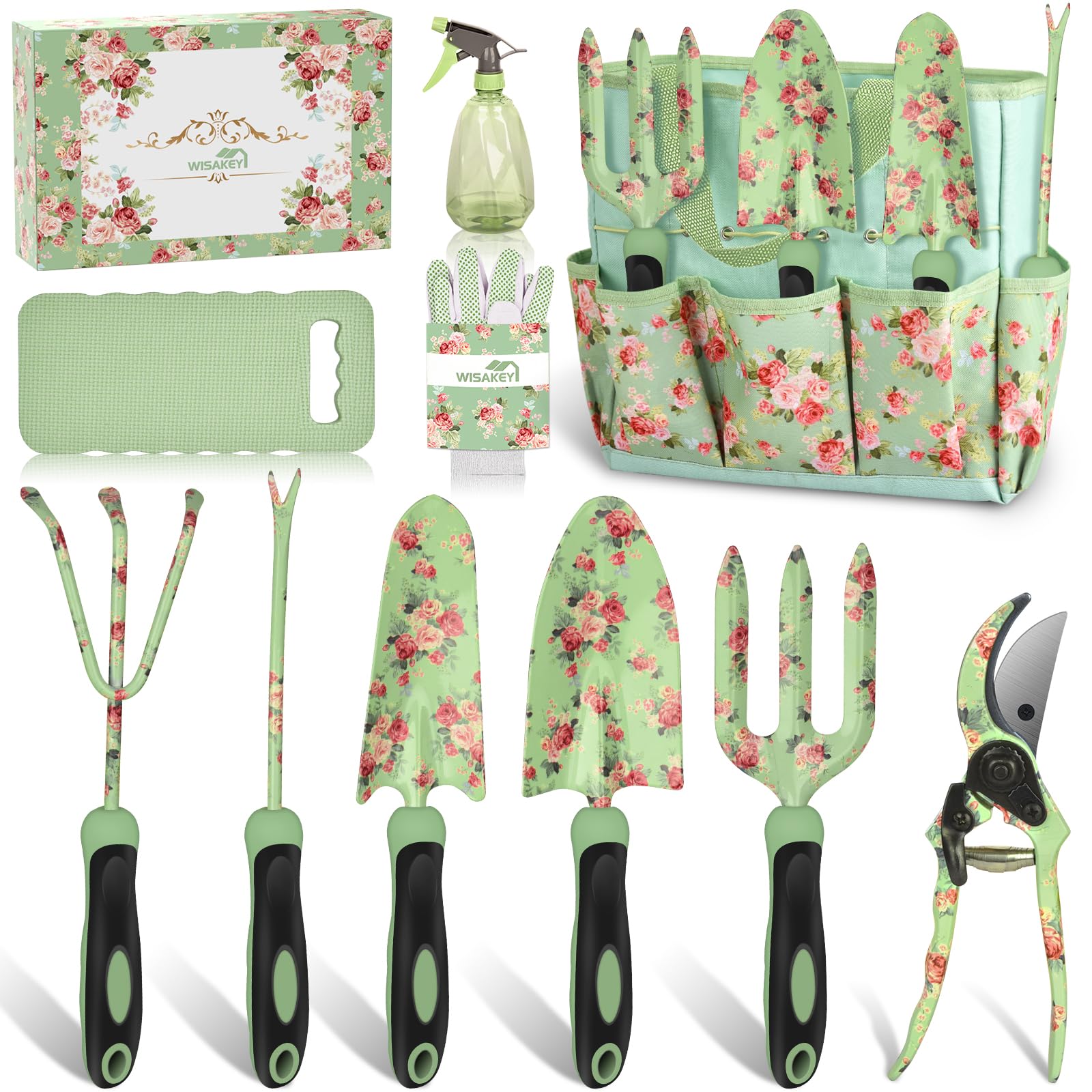 Gardening Tools, WisaKey 10 Piece Heavy Duty Garden Tools Set with Handle, Durable Fashion Garden Organizer Handbag, Ideal Gardening White Elephant Gifts Gift for Woman Mothers