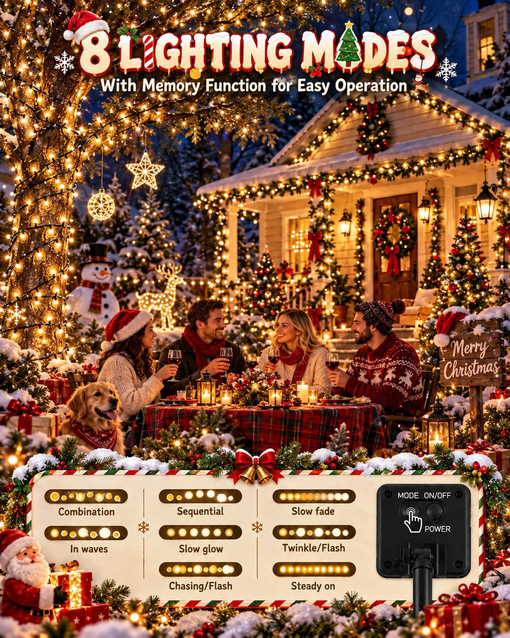 OZS 2 Pack 240 LED Solar String Lights Outdoor Waterproof, Warm White
