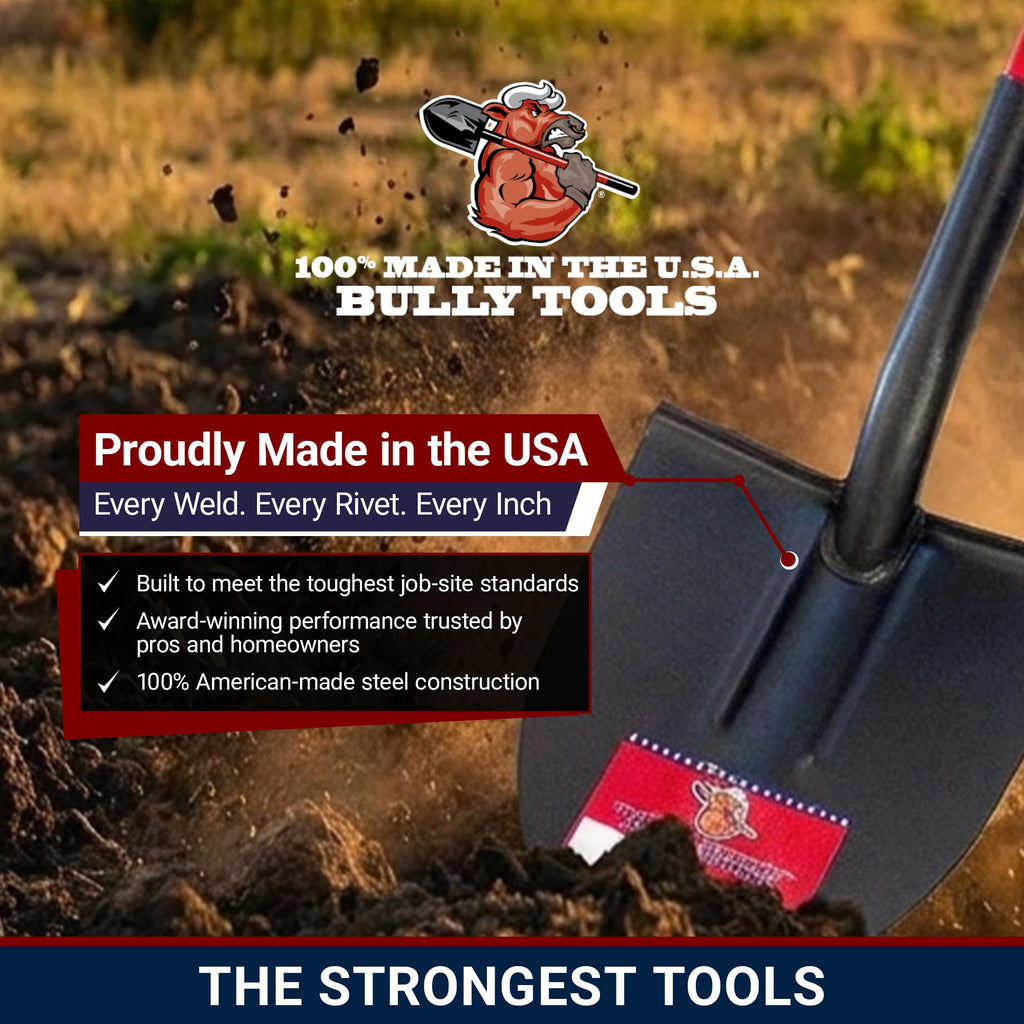 Bully Tools 12-Gauge Round Point Gardening Shovel | Heavy Duty Fiberglass Long Handle | Spade Shovels for Digging, Trenching and Planting | Steel Body Gardening Hand Tools, 100% Made in USA