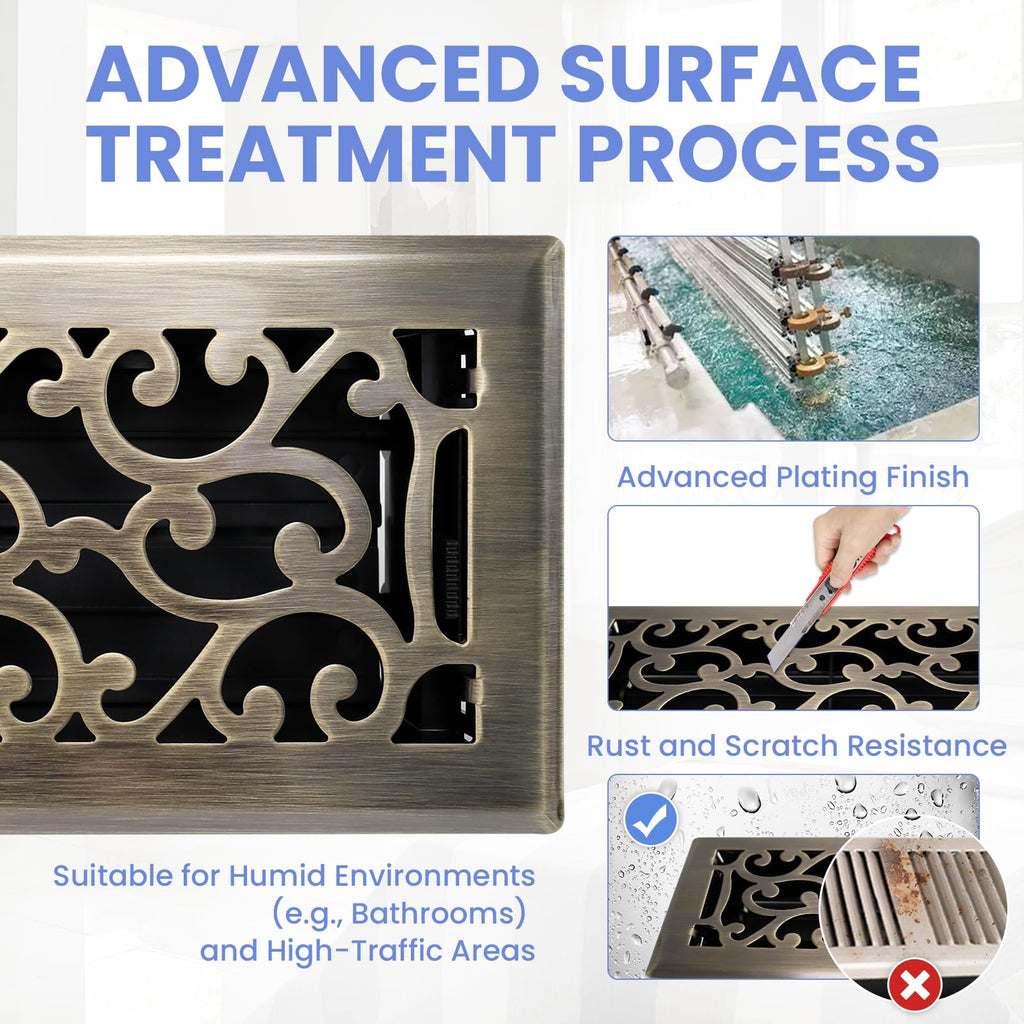 Howeall 4x10 Inches Heavy Duty Walkable Floor Register - Easy Adjust Air Supply Lever Decorative Floor Vent Covers - Savannah Design Vent Covers for Home - Antique Brass