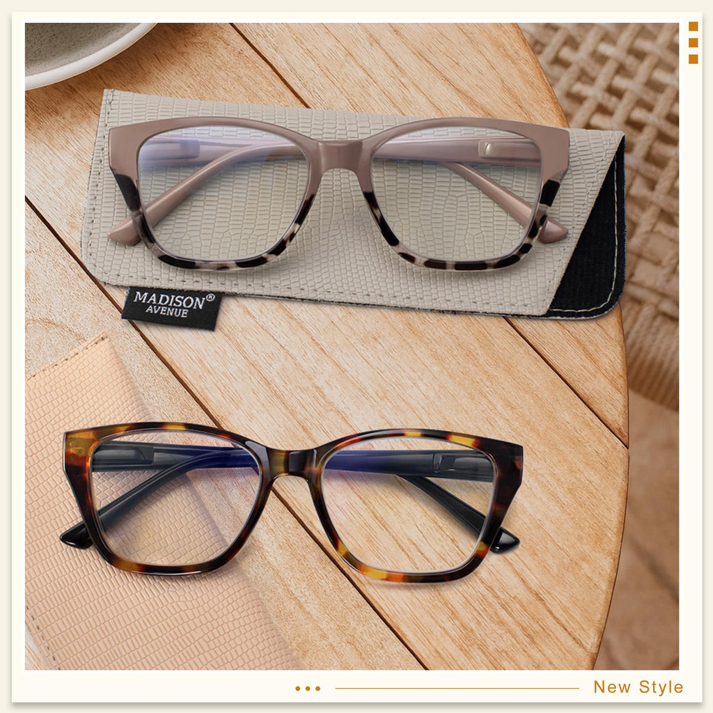 Madison Avenue 2 Pack Cateye Blue Light Blocking Reading Glasses for Women Spring Hinge, Vintage Computer Readers Eyeglasses Demi Brown +1.5