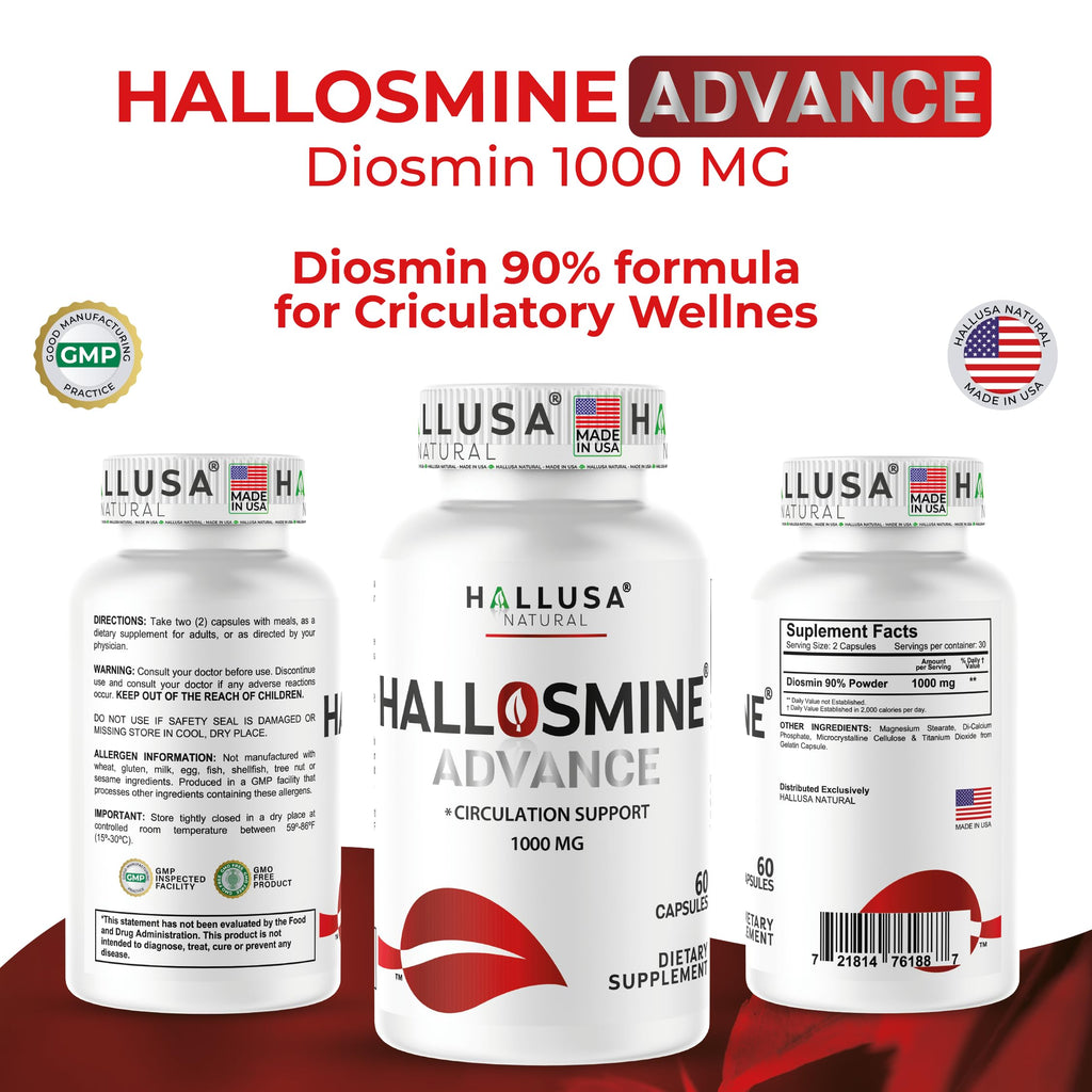 Hallusa Natural Hallosmine Advance Diosmin 1000mg + Bonus Leg Cream | Circulation & Vein Support | Swelling & Heavy Legs, Lymphatic Drainage, Blood Flow, Vascular Health & Visible Veins, 60 Capsules