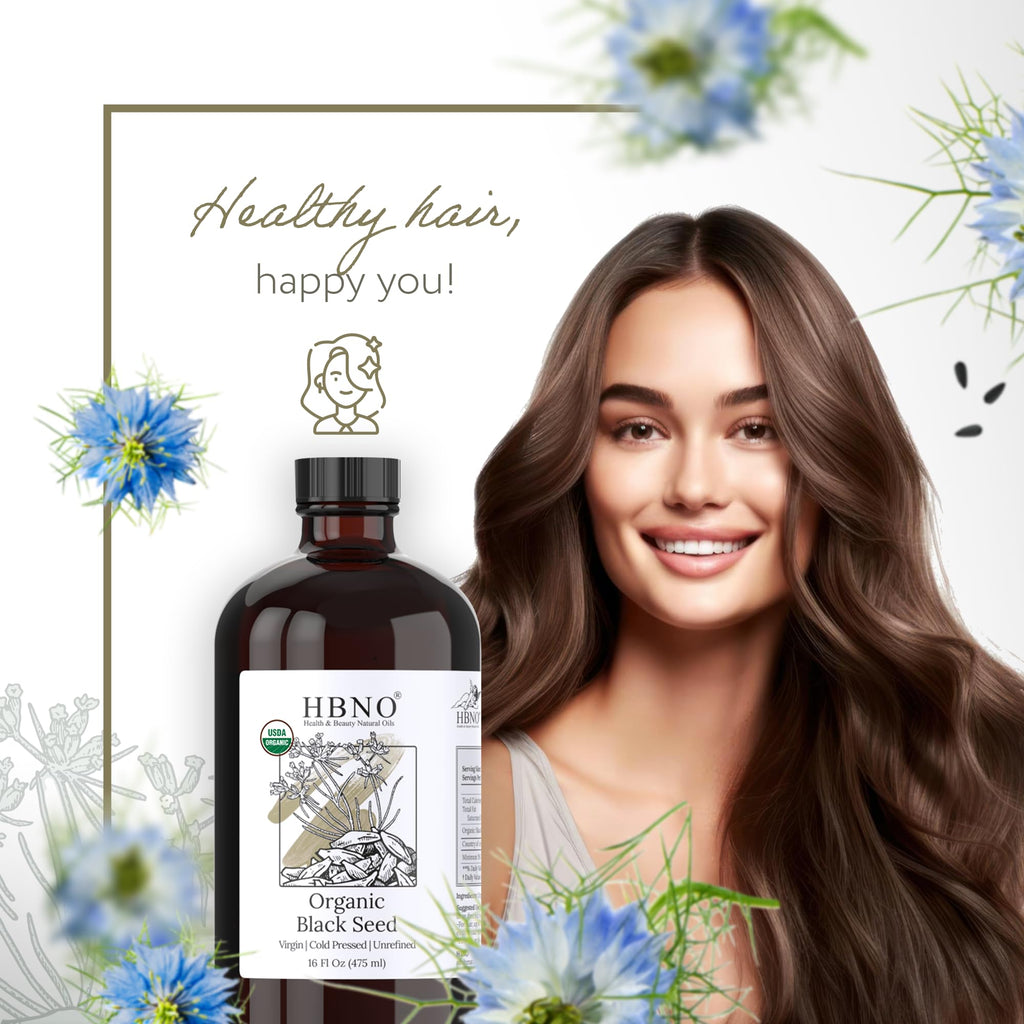 HBNO Organic Black Seed Oil - Huge 16 oz (475ml) Glass Bottle Value Size - USDA Certified Organic Black Seed Oil, Cold Pressed for Face, Body, Lips, Shampoo & Conditioner