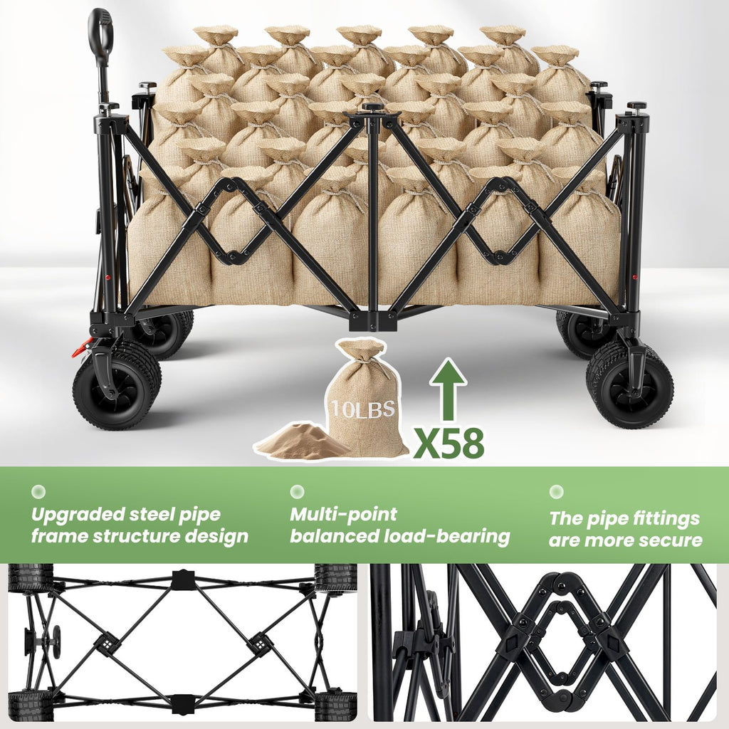 Beach Wagon Carts Foldable 580LBS Collapsible Wagon with Big All-Terrain Wheels for Sand 340L Heavy Duty Utility Carts with Cup Holders for Garden, Camping, Grocery, Black