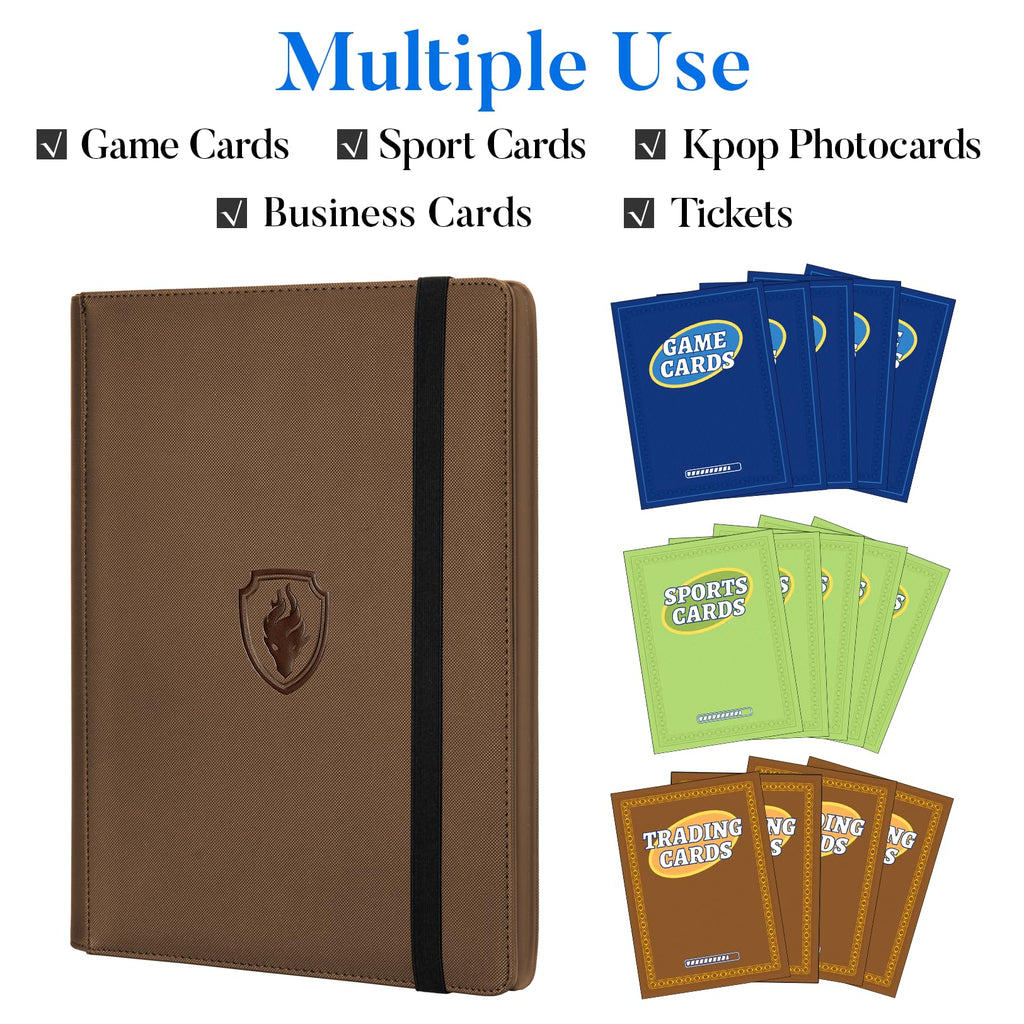 Premium 9 Pocket Card Binder for 540 Cards, Fabmaker PU Cover Trading Card Binder, Sturdy Card Collection Album, Sleek Card Holder Folders for Game Cards & Sports Cards, Brown