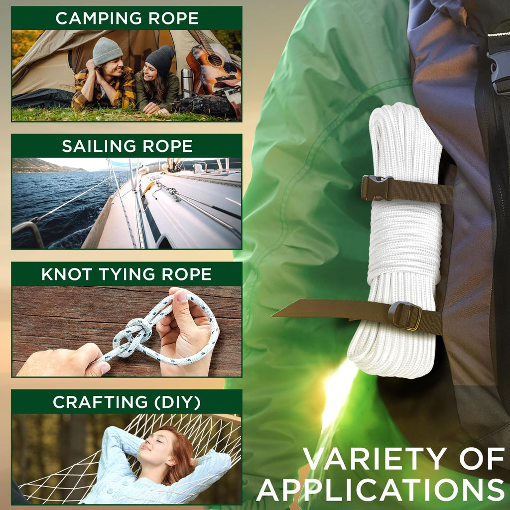 TECEUM Rope – 150 Feet x 1/4 Inch (7mm) – White – Strong All-Purpose Cord