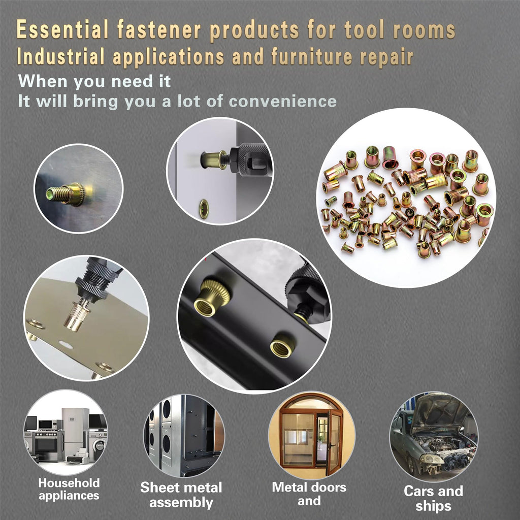 ASE Pressure Rivet Nut Tool Kit, 770PCS (3/8-16,5/16-18,1/4,10-24,8-32,6-32) Imperial Rivet Nut, Suitable for Furniture, Decoration, Automotive, Marine and Industrial Applications