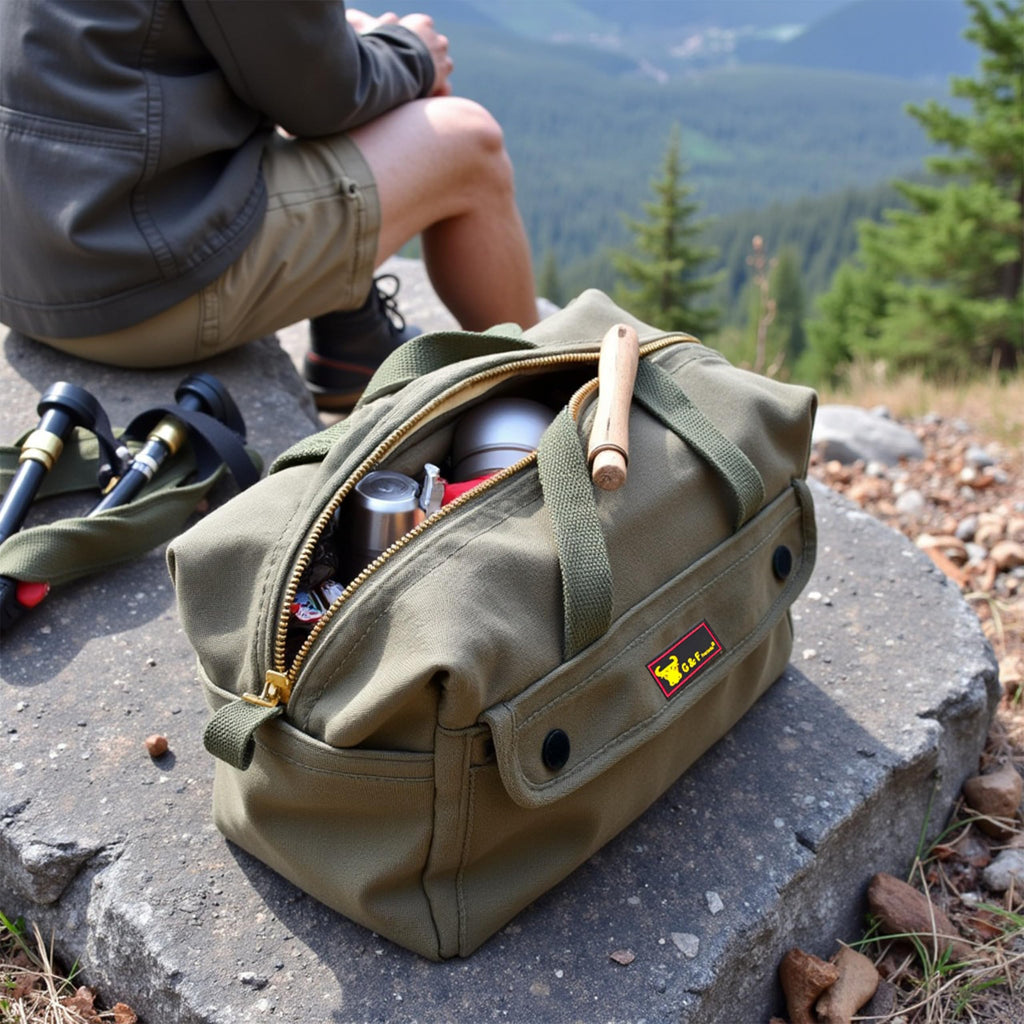 G & F PRODUCTS Waxed Canvas Military Duffle Bag, Water-Resistant, Adjustable Strap, Double Zipper, Heavy-Duty, Fully Lined, Tool Organizer, Durable Utility Bag for Contractors & Homeowners