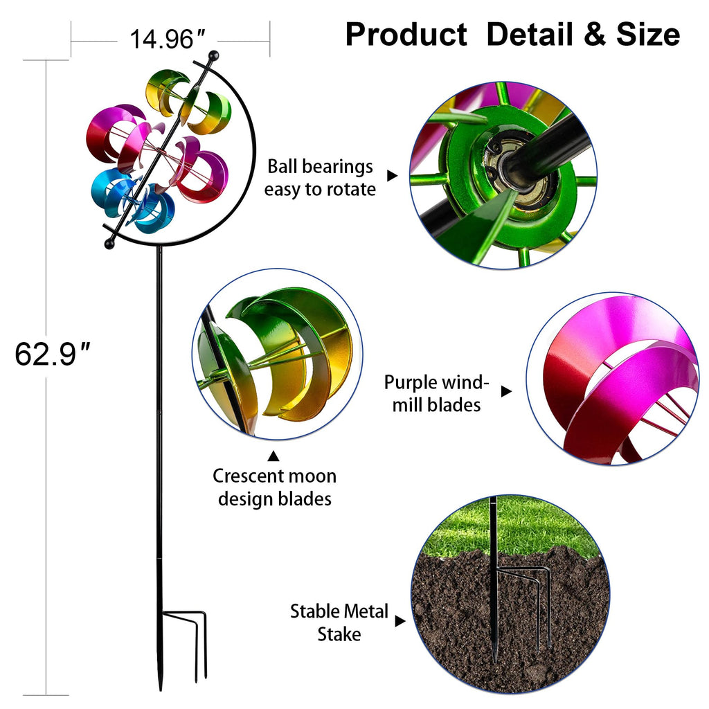 Large Kinetic Solar Wind Spinner Outdoor Metal 3D Yard Art with Stake