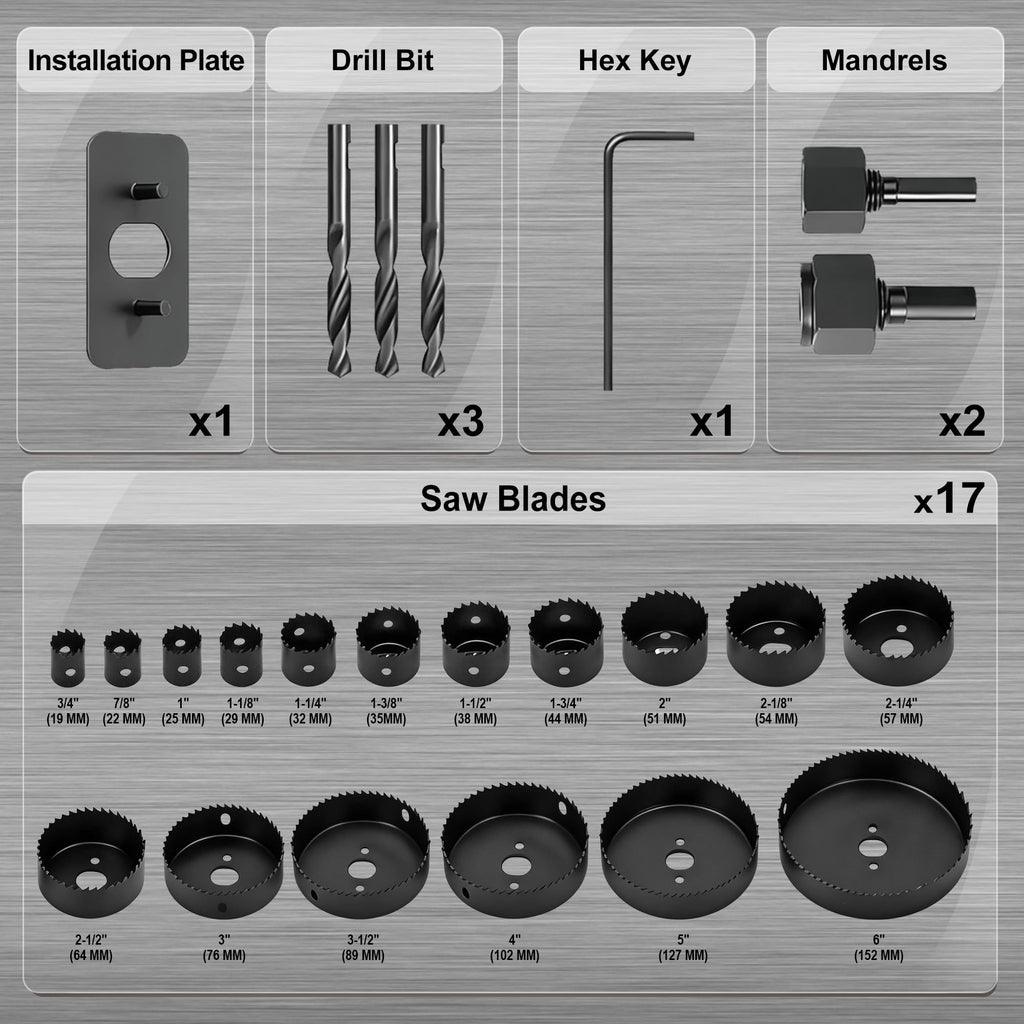 KATA Hole Saw Kit, 24PCS Hole Saw Set with 3/4"-6"(19-152mm) Multi-Size Saw Blades, Precision Hole Saw Drill Bit Kit with Mandrels & Solid Storage Case Cutting for Drywall, Soft Wood, PVC, Plastic
