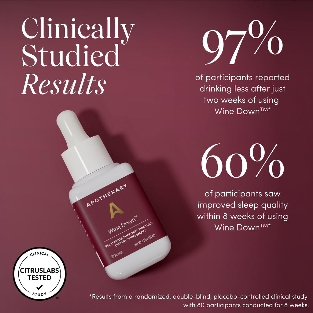 Apothékary Wine Down, Relaxation & Sleep Support Liquid Herbal Drops, Alcohol-Free, Clinically-Tested, Certified Gluten-Free, Certified Vegan & Cruelty-Free, Third Party Tested, 1 oz, 30 Servings