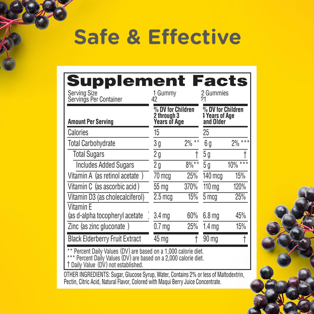 Zarbee’s Kids Elderberry Immune Support Supplement Gummies, Vitamins A C D3 E & Zinc, Elderberry Extract, Gluten & Gelatin Free, No Artificial Flavors, Natural Berry Flavor, Ages 2+, 42 Ct