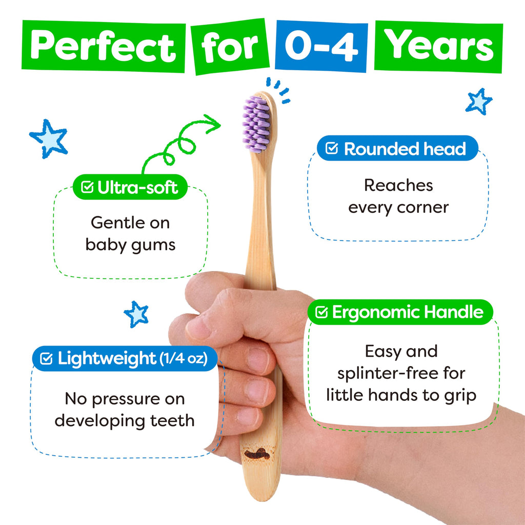 Dr. Noah Microplastic-Free Bamboo Baby Toothbrush | Dentist Designed | 656 Substances Safety Tested | BPA, PFAS & Phthalate Free | 4 Pack |Soft Bristles | Infant to Toddler, 6-12 Months, Age 2-4 Kids