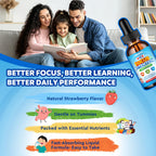 Kids Focus and Attention Supplements with Phosphatidylserine, Omega-3, Magnesium Glycinate & L-Theanine, Brain Vitamins Liquid Drops for Kids Memory, Cognitive, Sleep, Calm & Mood, Strawberry, 2 Fl Oz