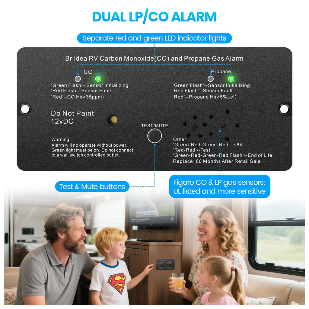 RV Carbon Monoxide & Propane Gas Alarm, Briidea Dual LP/CO Alarm with Separate LED Indicator Light, Metal Housing, 100dB Loud Alert, Flush Mount, Compatible Replacement for Safe-T-Alert 30-442 Series