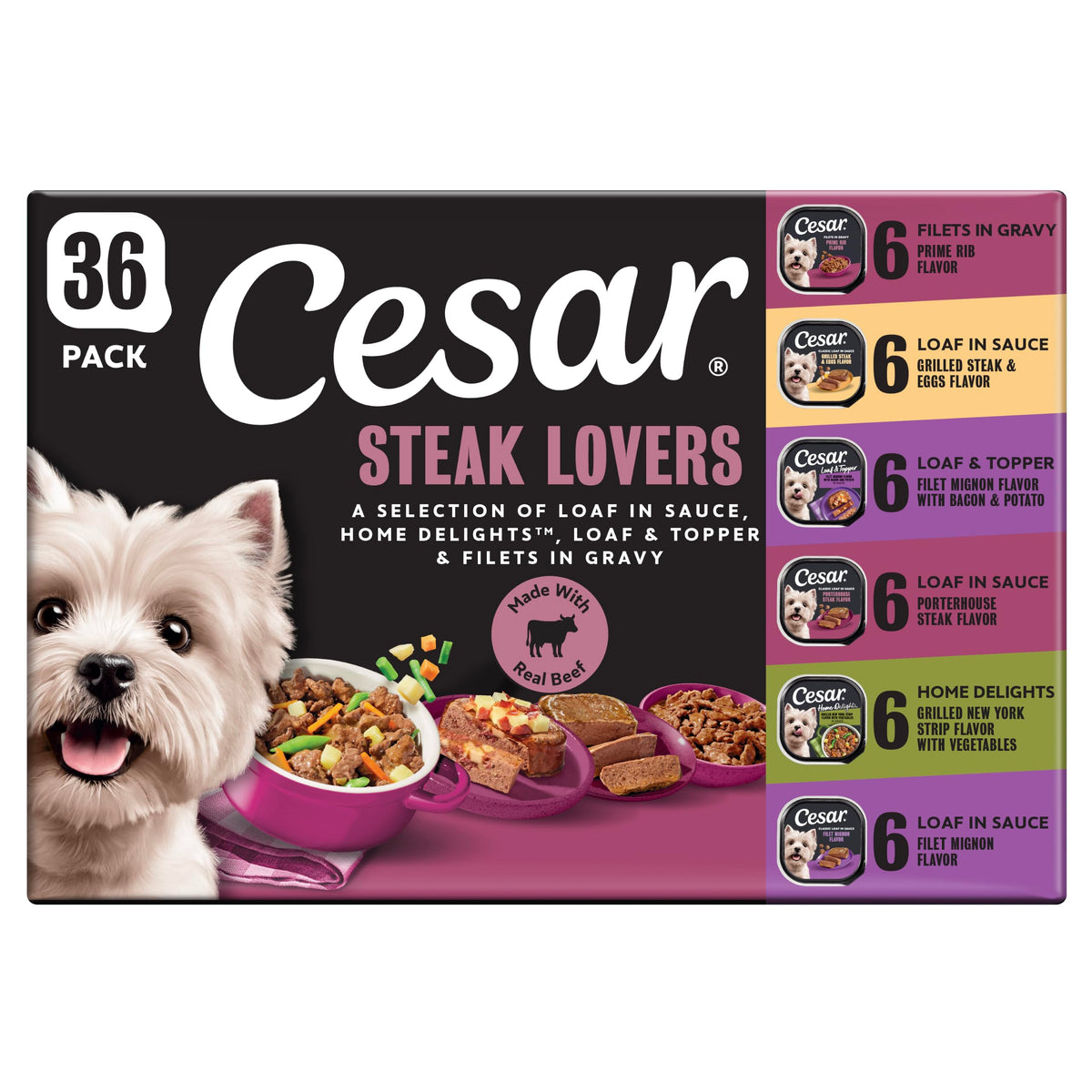 Cesar Wet Dog Food, Steak Lovers Variety Pack, 3.5 oz, 36 Count