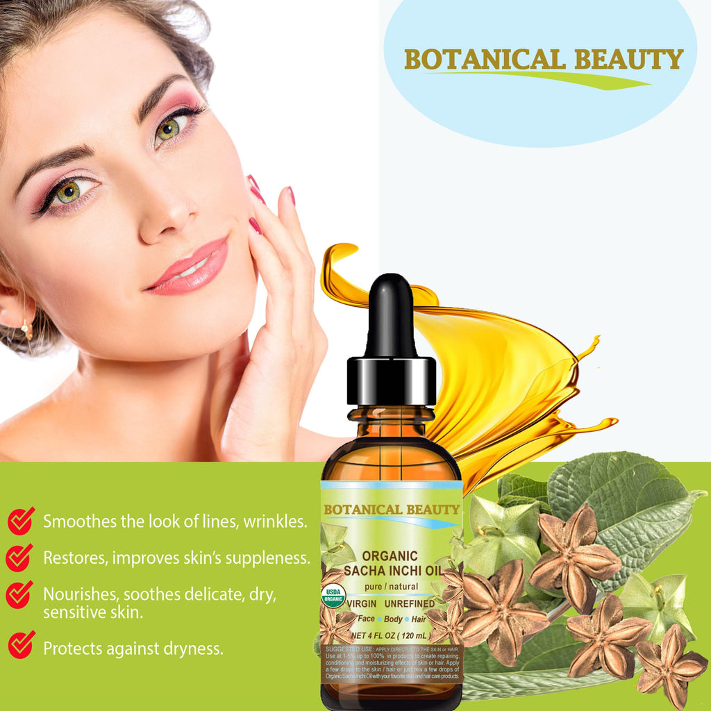 Botanical Beauty Organic SACHA INCHI OIL 100% Natural Pure Undiluted Virgin Unrefined Cold Pressed Carrier Certified Organic Oil For Face, Skin, Hair, Lip, Nails, Rich in Vitamin E (4 Fl Oz 120 ml)