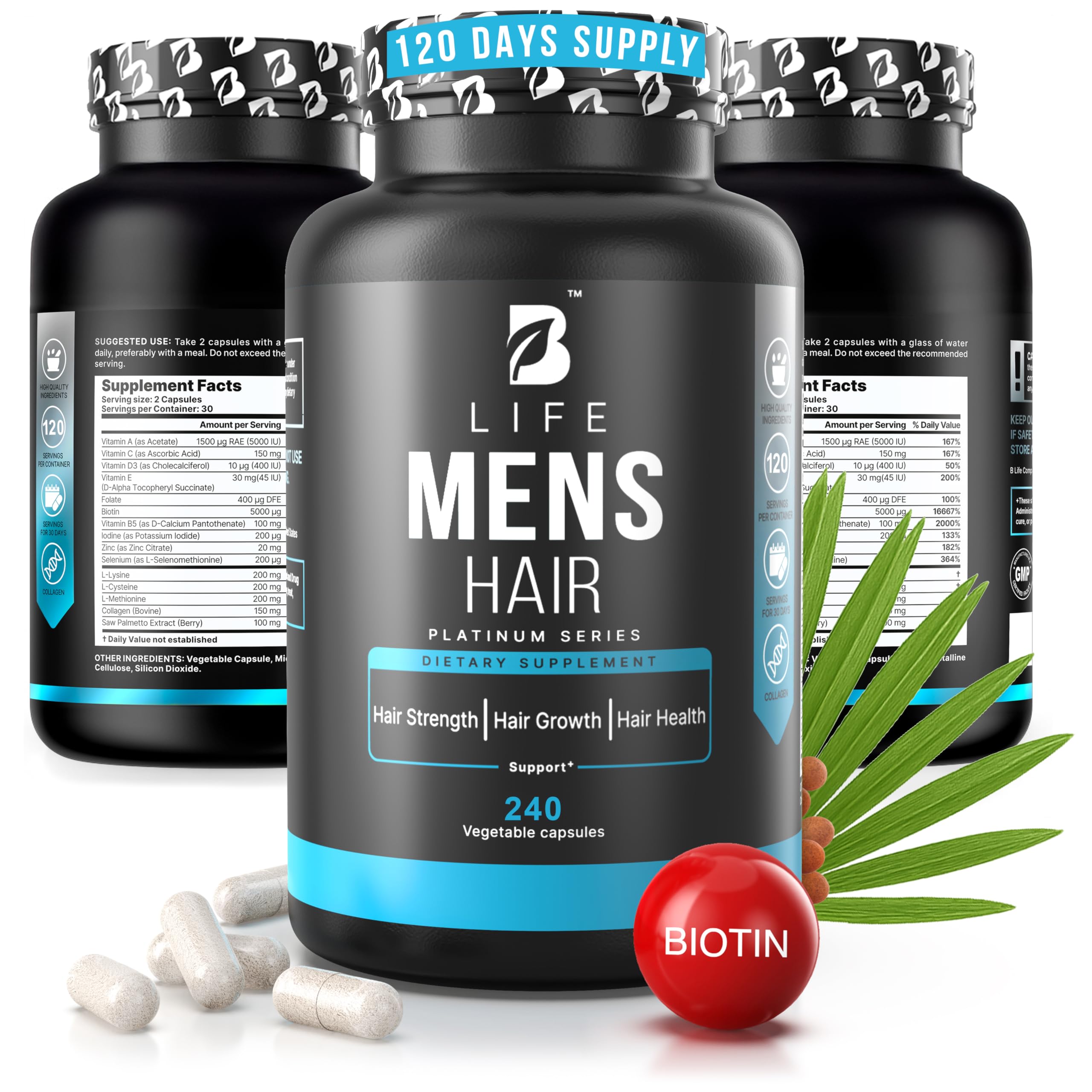 Men’s Hair Growth Supplement – Biotin & Collagen Hair Vitamins for Men – Thicker, Fuller Hair, Nail & Scalp Support – Hair Loss Supplement with Zinc, Selenium & Vitamins A C D E – 240 Capsules