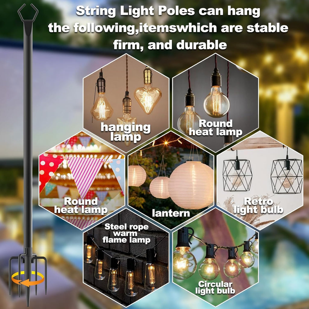 NSHWFW 10 Pack 10 ft Heavy Duty Metal String Light Poles Adjustable Outdoor Lighting Stand for Patio,Backyard,Garden,Party & Wedding Rustproof & Sturdy with Hooks