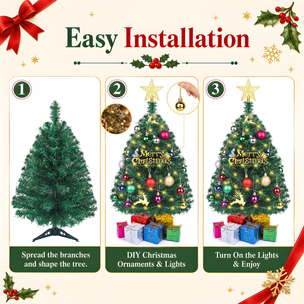 Small Mini Christmas Tree with Lights, 2 Ft Little Table Top Christmas Tree