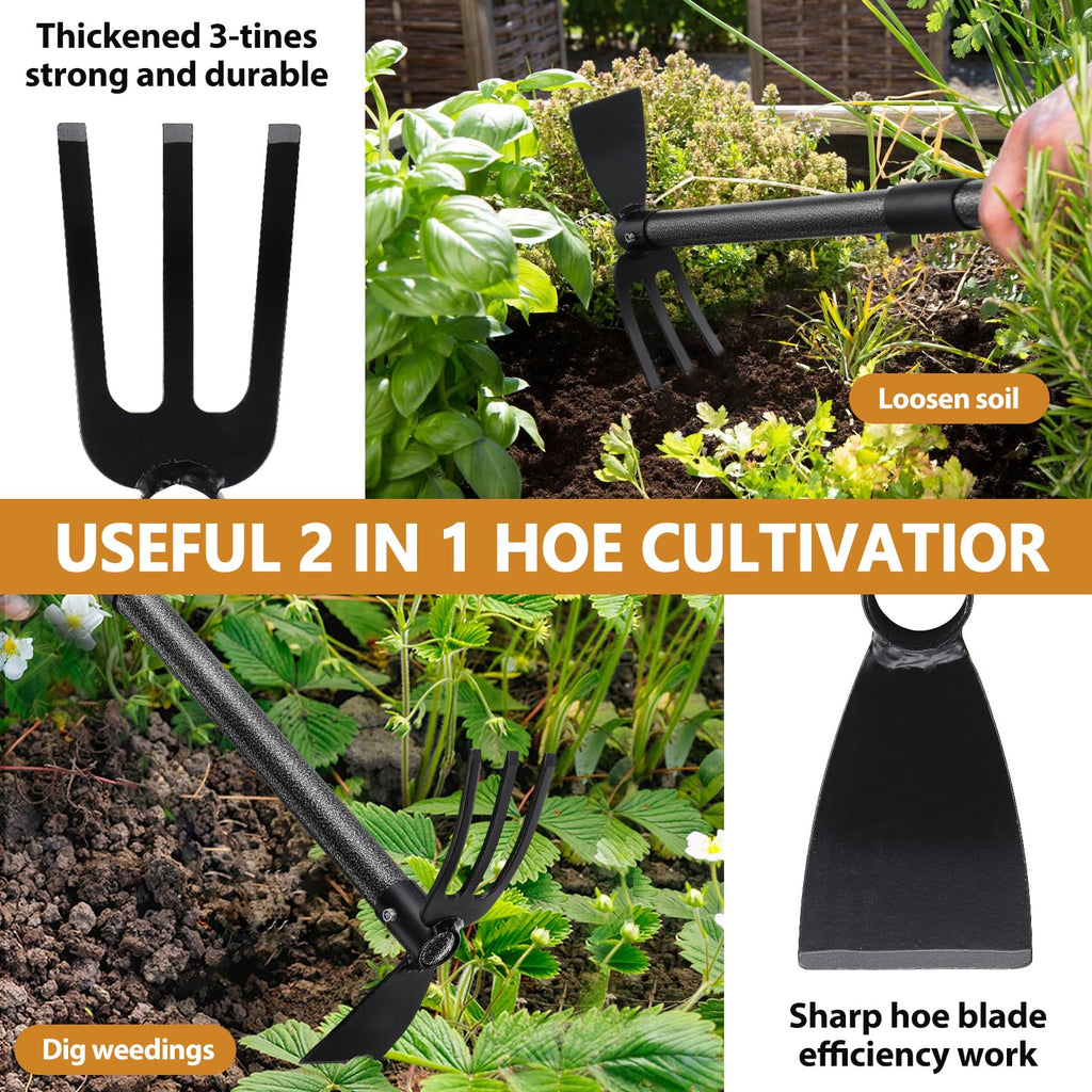 Garden Hoe Tool, 2-in-1 Heavy Duty Dual-Head Weeding Tool, 45" Adjustable Long Handle Cultivator for Weeding, Tilling, Lawn Yard Flower Bed Gardening Tool