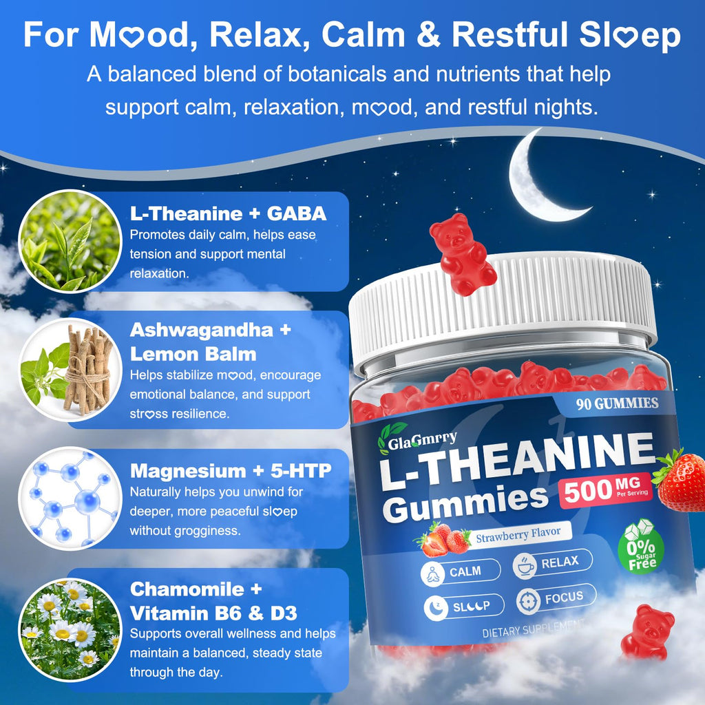 GlaGmrry 90 Count | L Theanine Gummies, L Theanine Supplement for Adults & Kids, w/Ashwagandha, Magnesium, GABA & 5-HTP, Sugar Free Liposomal Formula for Calm Relax zzZ M♡♡d & Focus, Vegan