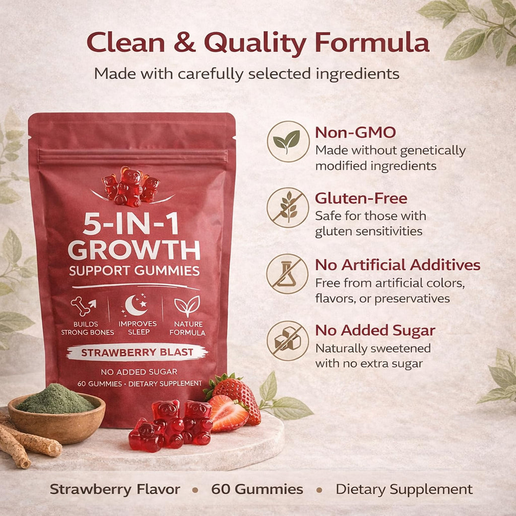 DXWXH 5 in 1 Growth Gummies, Growth Gummies with Vitamin D3 & K2, Calcium, Ashwagandha, Spirulina, for Bone Health & Daily Vitality Support, Strawberry Flavor, Non-GMO, 60 Gummies
