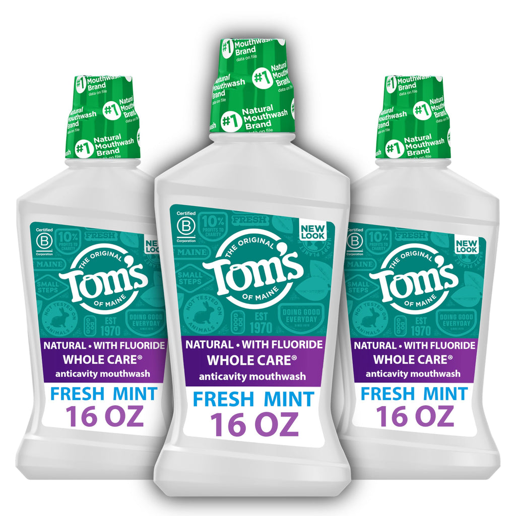 Tom's Of Maine Whole Care Natural Fluoride Mouthwash, Fresh Mint, 16 Oz (Pack of 3) (Packaging May Vary)