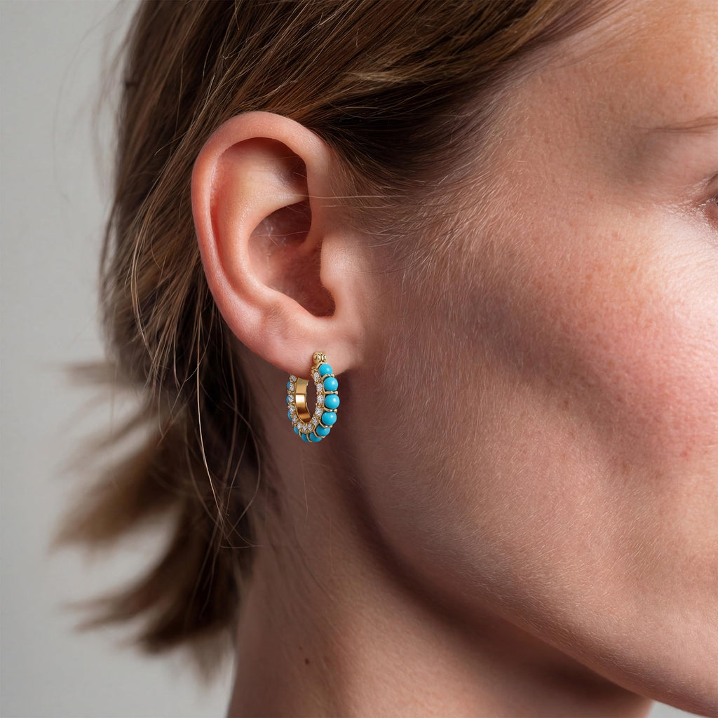 MYEARS Turquoise Hoop Earrings 14K Gold Plated Blue Beaded Cubic Zirconia Earrings Boho Summer Hypoallergenic Everyday Jewelry